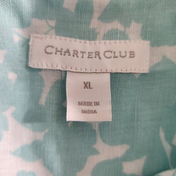 Charter Club Size XL Blue Floral Print Linen Button Down Roll Tab Sleeve Shirt - Picture 14 of 15